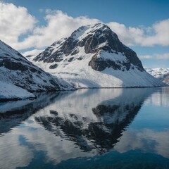 A snow-capped mountain reflecting in the clear water of a fjord.