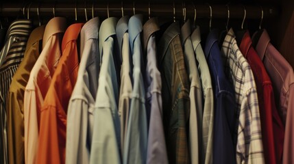 A colorful array of men's dress shirts neatly arranged in rows on a closet rack, creating a vibrant and organized display against a dark background.