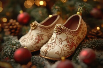 A pair of shoes sitting on top of a Christmas tree, a unique and quirky decoration idea