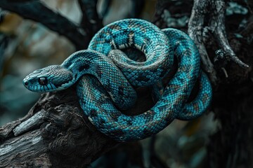 Fierce Beauty: Hyper-Realistic Cyan Venomous Snake Captured in Stunning Detail
