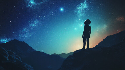 Exploration of distant galaxies in a surreal cosmic landscape at night