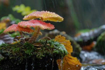 A cluster of mushrooms growing on a moss-covered rock