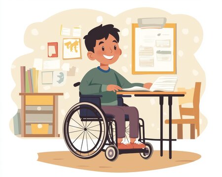 A cheerful South Asian boy in a wheelchair, enjoying reading at a cozy study table with a bright, inviting atmosphere.