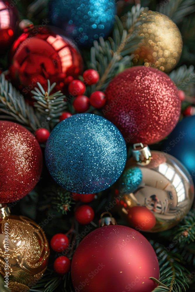 Poster a cluster of colorful christmas decorations on a table or shelf