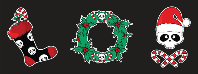 Three Christmas stickers. Skull with candy cane, wreath with berries, christmas stocking. Creepy christmas decorations. Vector eps elements.