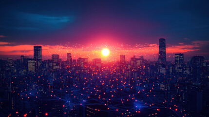 Fototapeta premium vibrant cityscape at sunset with glowing digital networks