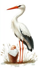 frontal shot of a flying stork with bringing a baby to the parents in a white blanket, caricature mobile wallpaper lockscreen