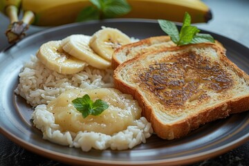 A plate filled with toast, bananas, and rice for breakfast
