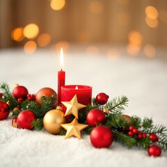 Digital illustration of a winter village scene with snow-covered houses with red roofs and chimneys