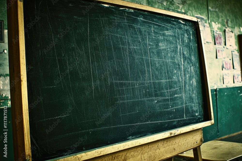 Aufkleber A blackboard in a classroom setting with a chair in front of it