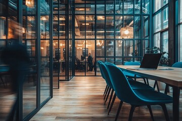 Modern Office Interior with Glass Walls and Blue Chairs. AI generated illustration