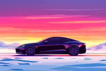 Black Car with Winter Tires on Snowy Road at Sunset. AI generated illustration