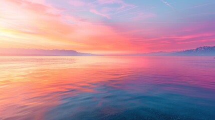 Obraz premium A serene view of the Lake Geneva during sunset, with the sky painted in shades of pink, orange, and purple, and the calm water reflecting the colors