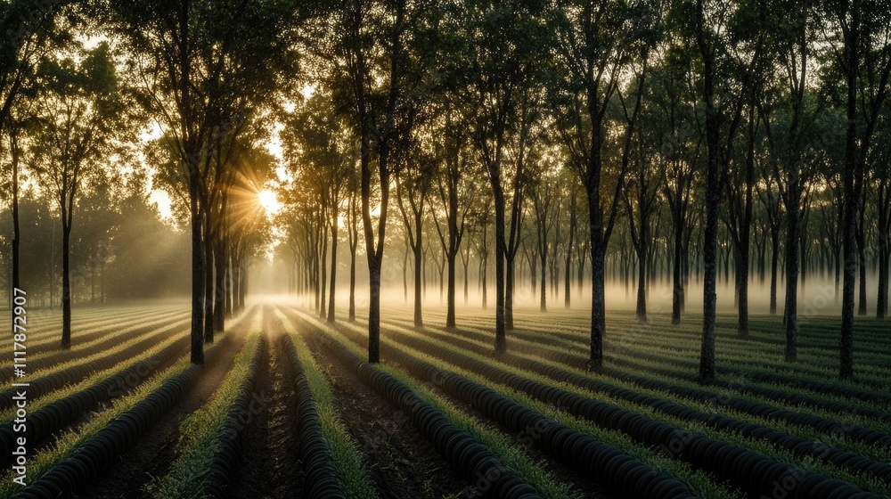 Aufkleber a bright sun shines through the leaves of a field, creating dappled patterns on the ground