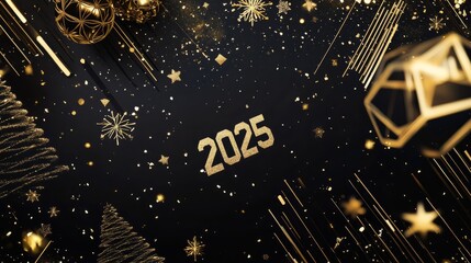 Golden christmas tree with snowflakes and geometric shapes celebrating new year's eve 2025
