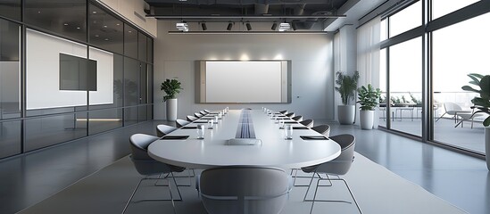A stylish meeting room with a large oval table, high-tech presentation screens, and minimalist decor. The room is illuminated by natural light from floor-to-ceiling windows.