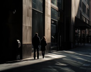 A man and a woman walking in shadowy urban light, creating a romantic ambiance in the city streets.