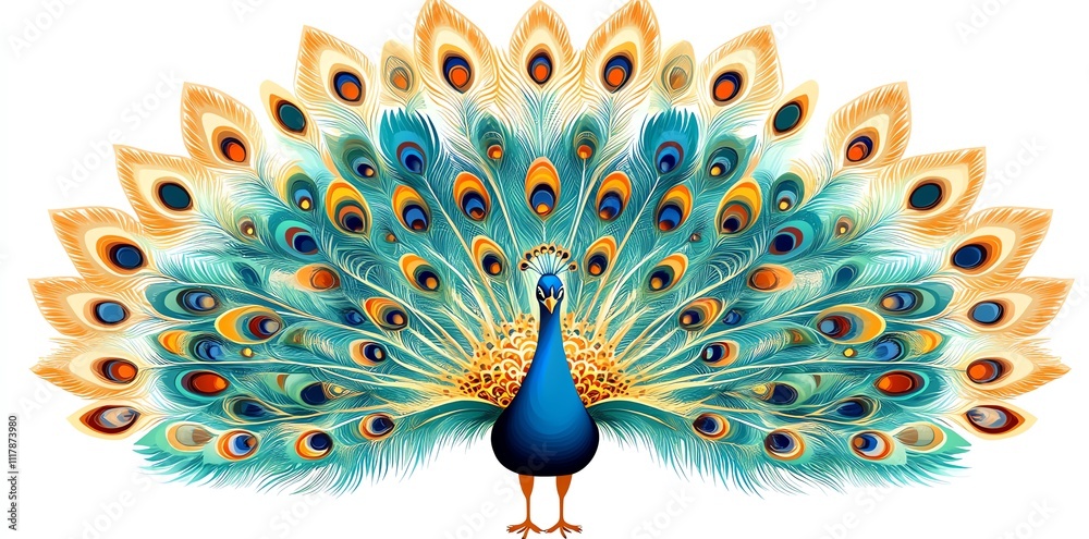 Poster a vibrant peacock displaying its colorful feathers in a striking fan shape.