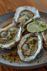 A plate of oysters on a wooden table, perfect for a seafood dinner or restaurant scene
