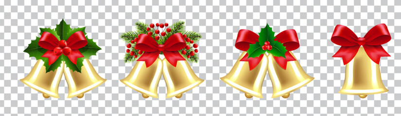 Christmas Bells And Holly Berry Set Transparent Background