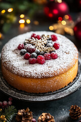 A classic Christmas cake with a red beryes and festive decorations, making it a perfect holiday treat.