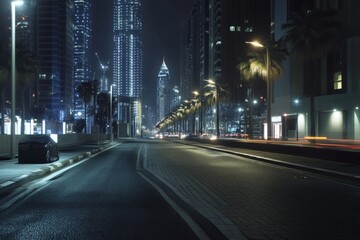 Naklejka premium A serene night scene of a quiet urban street lined with palm trees, illuminated by city lights.