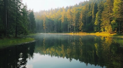Fototapeta premium A peaceful lake in a forest reflects trees and sky, exuding tranquility and harmony. Vibrant foliage and gentle shadows enhance the serene ambiance.