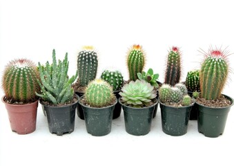 A row of potted cacti and succulents are lined up on a white background