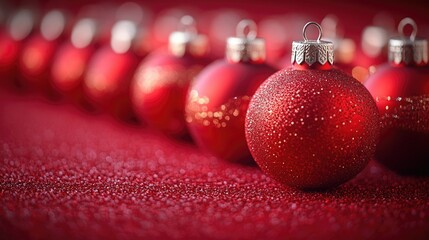 A row of red Christmas ornaments on a red surface