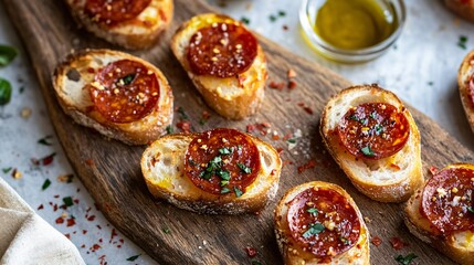 Mini pepperoni bread bites on a rustic wooden platter, surrounded by chili flakes and olive oil drizzle