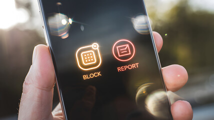 Spam call scam prevention concept. Smartphone screen displaying block and report options for users.