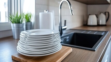 In a modern kitchen, a sleek black sink features dishes being washed, with white plates arranged on a wooden board nearby, creating a clean look