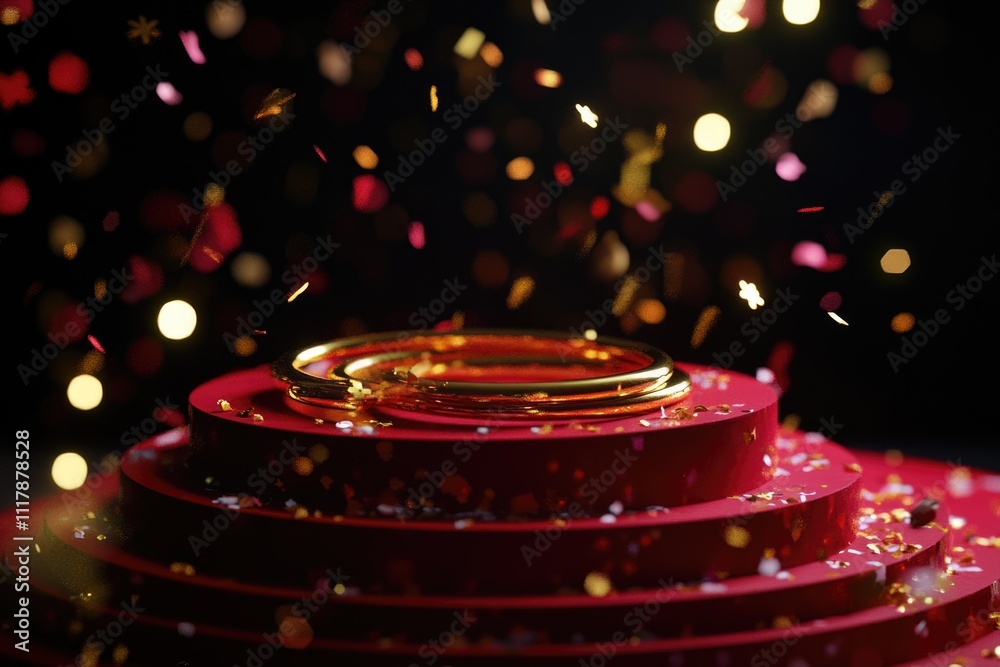 Poster a set of stairs with a row of gold rings on the top step, ideal for decorative or conceptual use