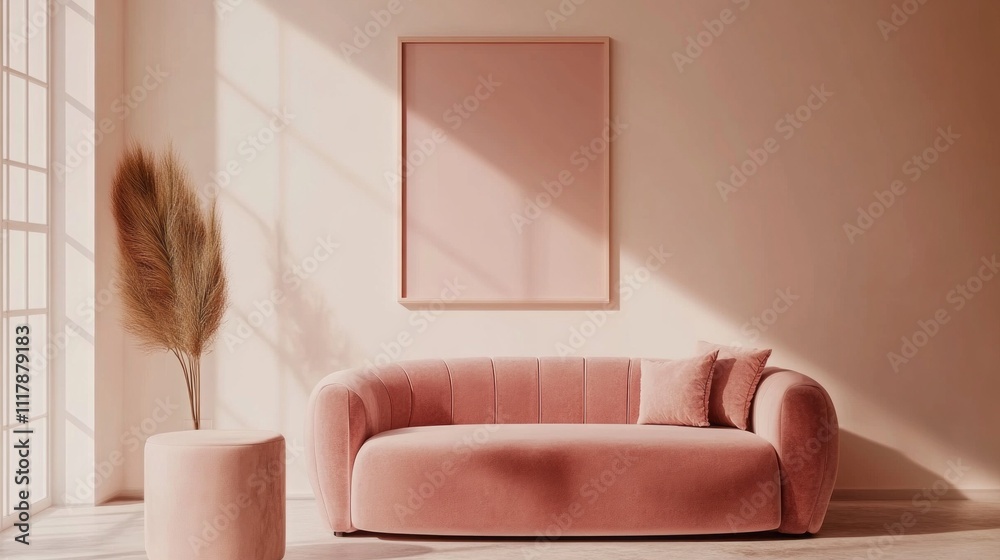 Poster soft pastel colors create a calming atmosphere in this elegantly designed room, featuring a plush so