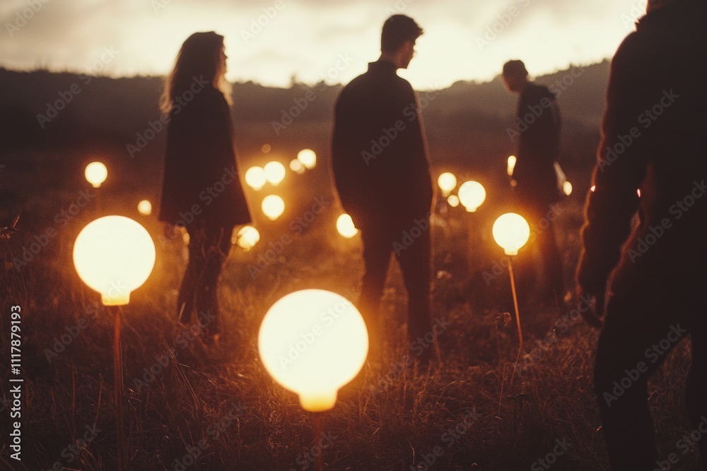 Poster a group of people holding light bulbs standing together in an open field, suitable for use as event 