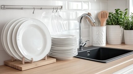 In a modern kitchen, a sleek black sink features dishes being washed, with white plates arranged on a wooden board nearby, creating a clean look