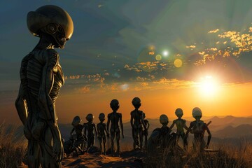 Extraterrestrial civilization meeting human astronauts for the first time, A group of alien life forms exploring a vast desert landscape under a clear blue sky.