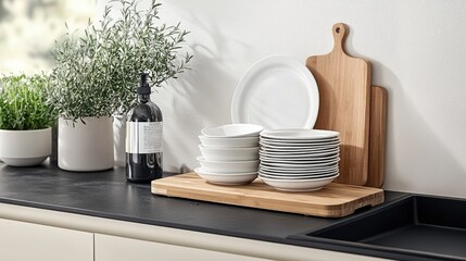 Fototapeta premium In a modern kitchen, a sleek black sink features dishes being washed, with white plates arranged on a wooden board nearby, creating a clean look