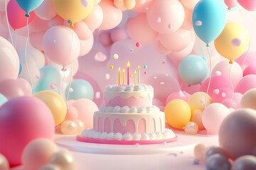 3D Cartoon Birthday Background with Cake and Balloons. AI generated illustration