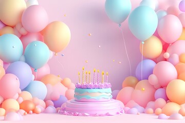 3D Cartoon Birthday Background with Cake and Balloons. AI generated illustration