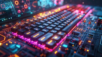 Futuristic keyboard with vibrant RGB lighting and circuit board details.