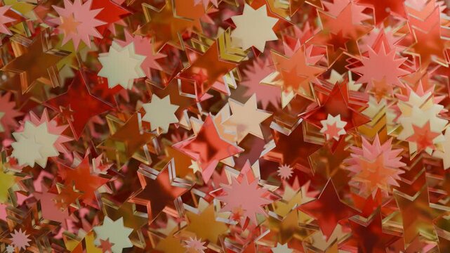 abstract 3D animation of a multitude of transparent objects in the shape of stars. The asterisks shrink and disappear as they approach. 3D loop animation