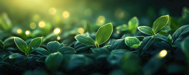 Close-up view of fresh green leaves with a soft glow in a natural setting.