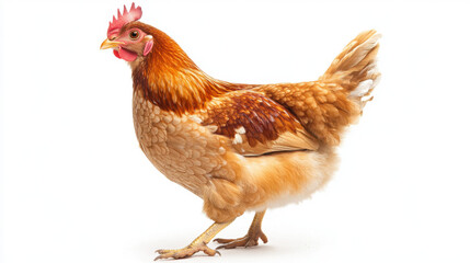 Fototapeta premium A vibrant brown chicken stands gracefully against a clean white background, showcasing its glossy feathers and vivid coloring.