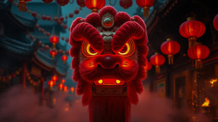 Fototapeta premium A golden dragon head in a traditional Chinese street adorned with glowing red lanterns, celebrating Chinese New Year.