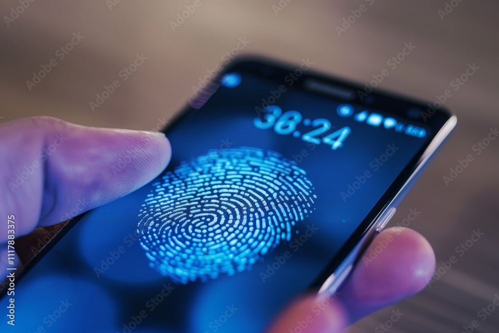 Poster a smartphone displaying a fingerprint on its screen, highlighting the device's biometric security fe