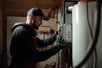 Fototapeta premium Hydraulic technician fixes electric water heater in residential setting with expert precision