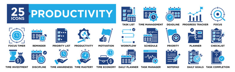 Productivity icon collection set. Containing design Task List, Time Management, Deadline, Progress Tracker, Focus	
