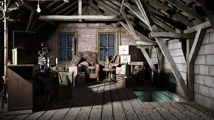 Alte M&ouml;bel undaltes Spielzeug auf einem d&uuml;steren Dachboden