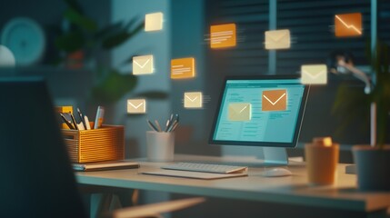 Naklejka premium Night workspace with computer displaying email notifications.